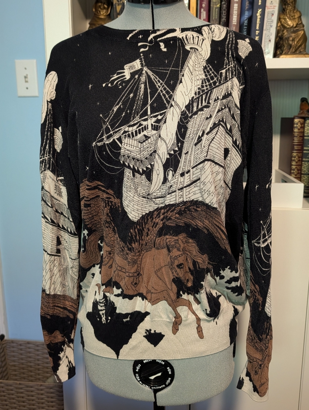 Black Graphic Sweater with Brown Horse and Ship Design